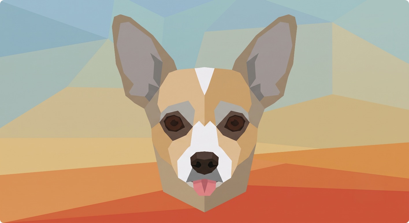 A faceted, low-poly chihuahua — the Glass Gnu emblem — against bands of amber and sky blue